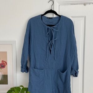 Zara Textured Blue romper with Tie Front